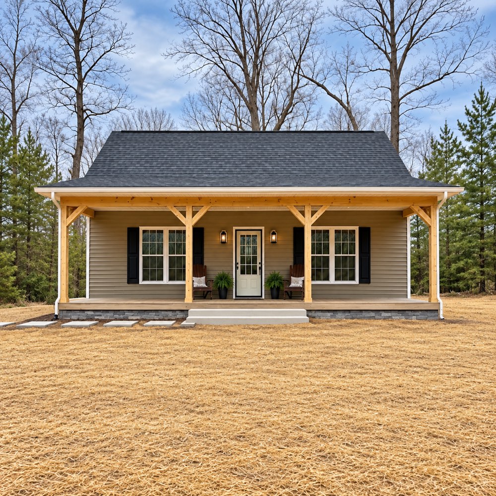 A newly built custom home with a full covered front porch