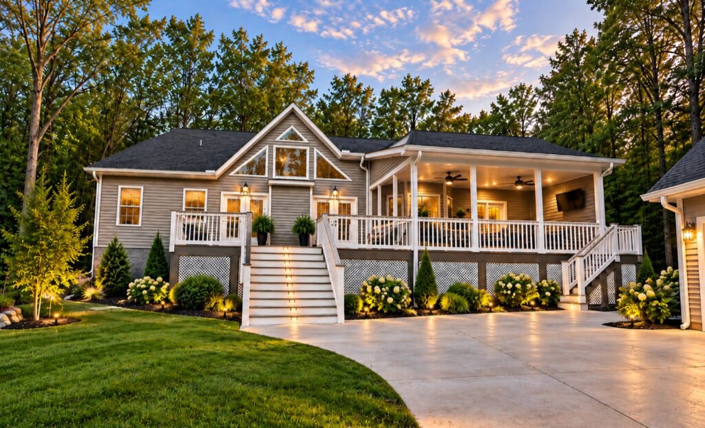 A custom home at dusk with a wraparound porch and lit windows