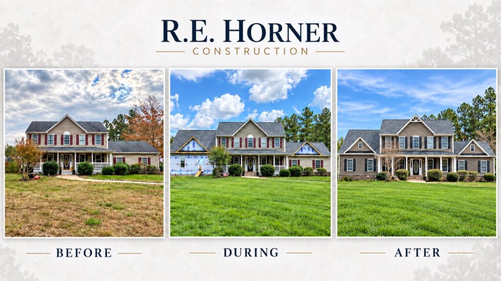 R.E. Horner Construction custom home shown before, during and after construction
