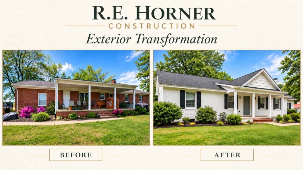 R.E. Horner Construction exterior transformation: a brick ranch before, and after painted white brick with black shutters and a rebuilt porch