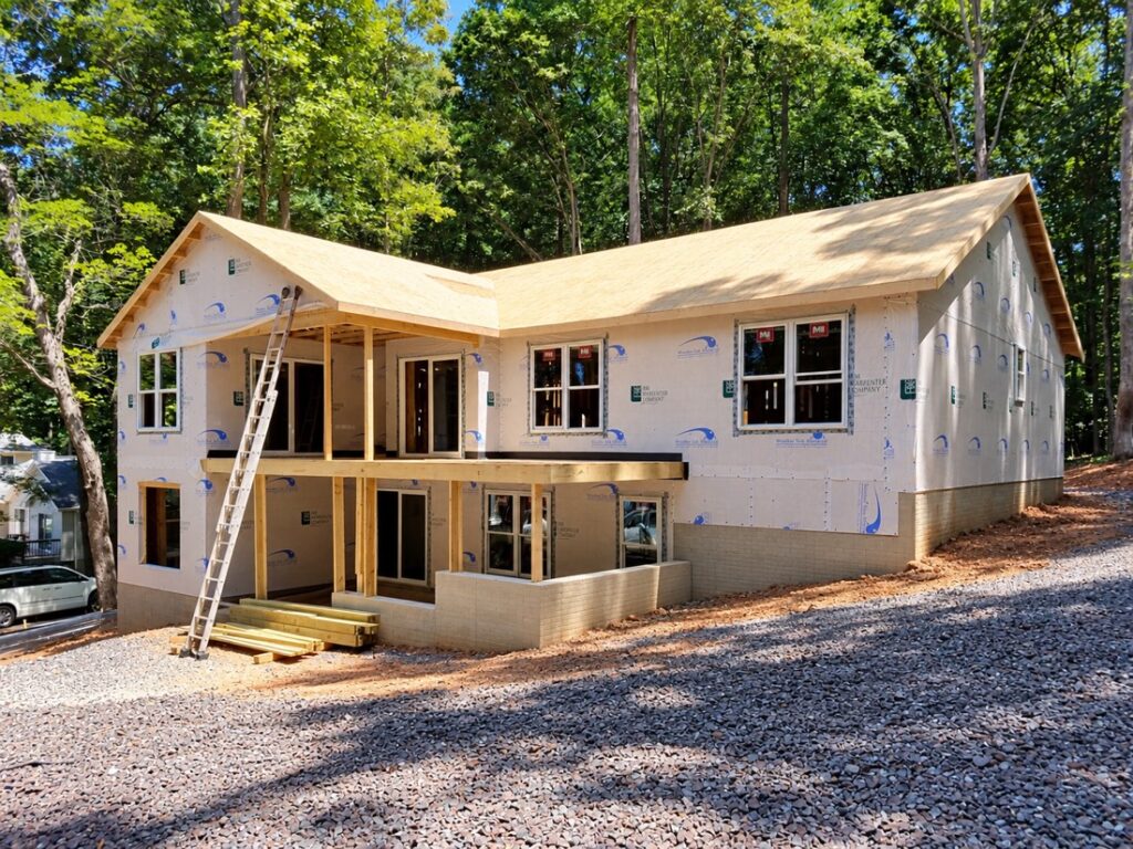 A Central Virginia home mid-renovation, with new roof framing and sheathing in place
