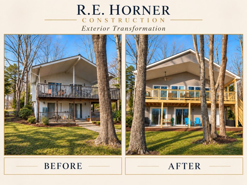 R.E. Horner Construction exterior transformation: a wooded two-storey home before, and after with rebuilt decks and new siding