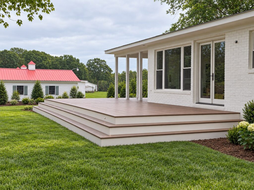 Renovated white brick home with a columned porch and a wide stepped deck