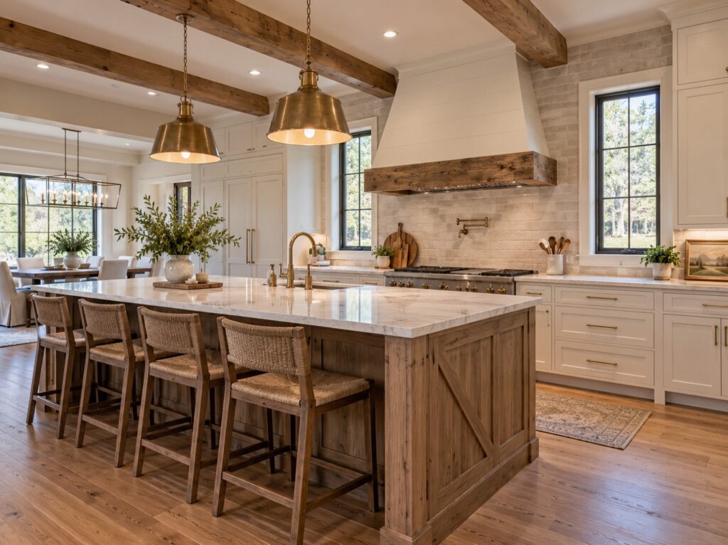 A custom kitchen with exposed beams by R.E. Horner Construction