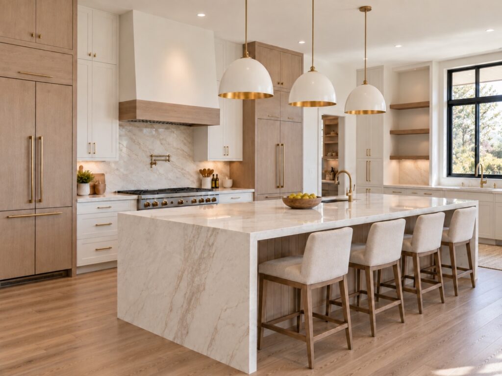 White cabinetry and grey island by R.E. Horner Construction