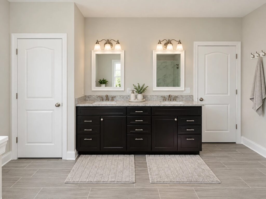 Primary bath with double vanity by R.E. Horner Construction
