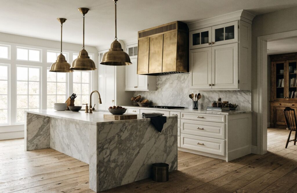Custom kitchen with marble and brass by R.E. Horner Construction