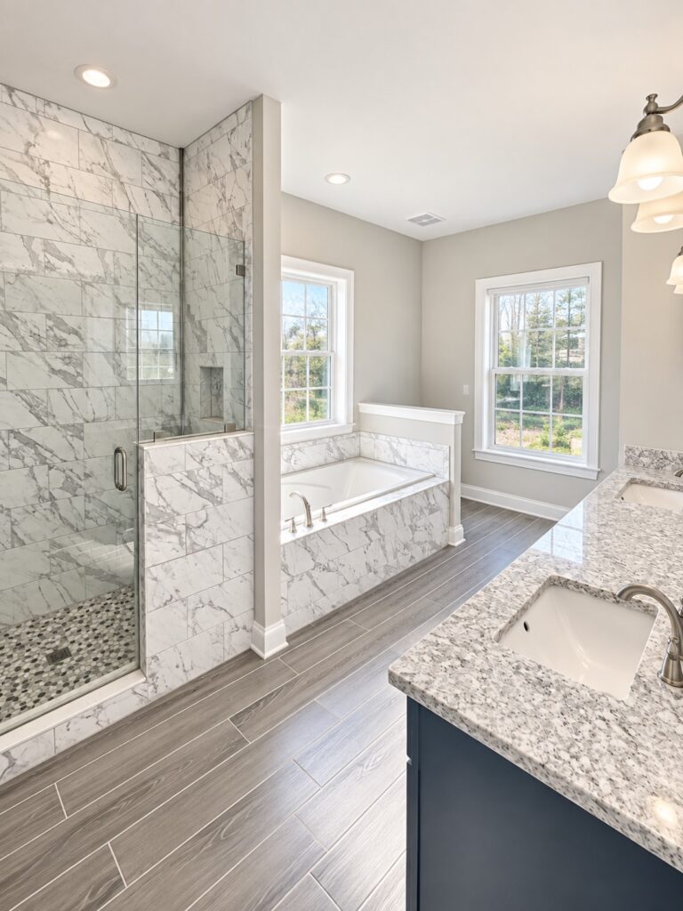 Primary bathroom with a marble-tiled walk-in shower, a built-in tub and a granite double vanity