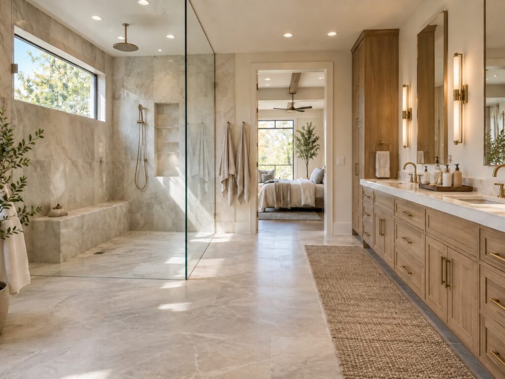 Primary suite addition with a glass walk-in shower, a wood double vanity and the bedroom beyond