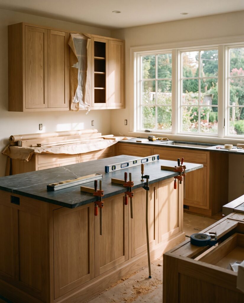 Custom kitchen coming together, cabinetry and stone
