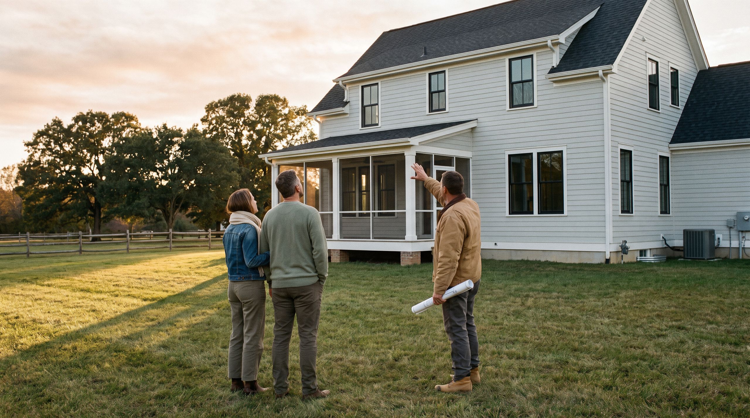 Builder showing a homeowner couple plans for a screened porch addition at their Central Virginia home