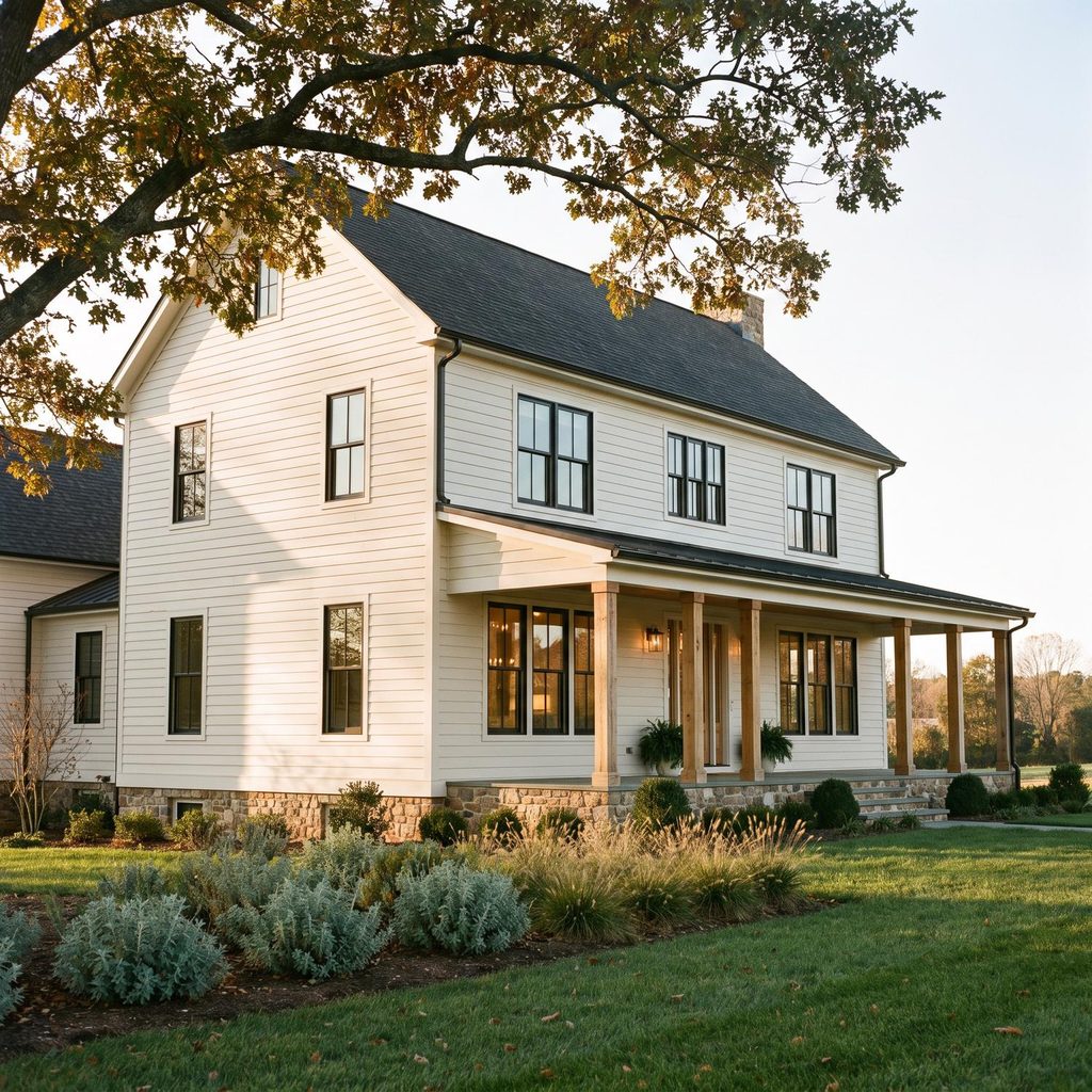 Newly built custom home with a covered front porch and stone foundation in Central Virginia