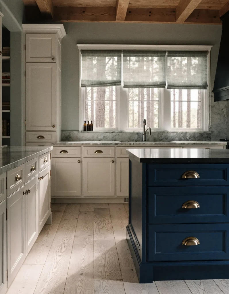 A custom kitchen with an island, marble worktops and a beamed ceiling