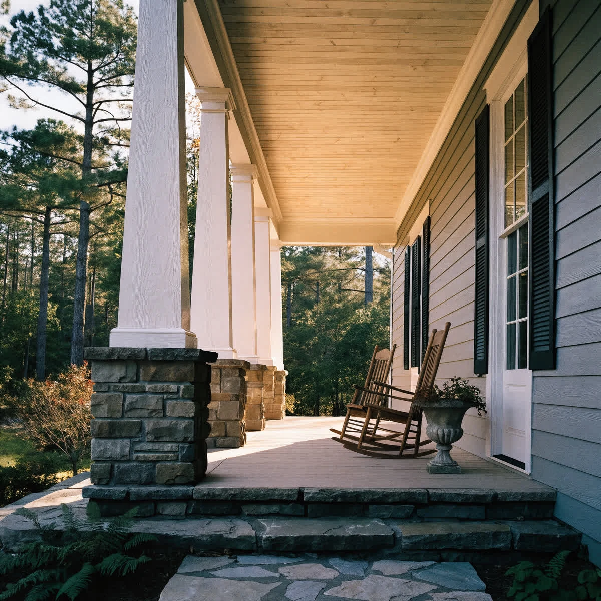 The deep covered front porch of a custom home in Locust Grove, Virginia